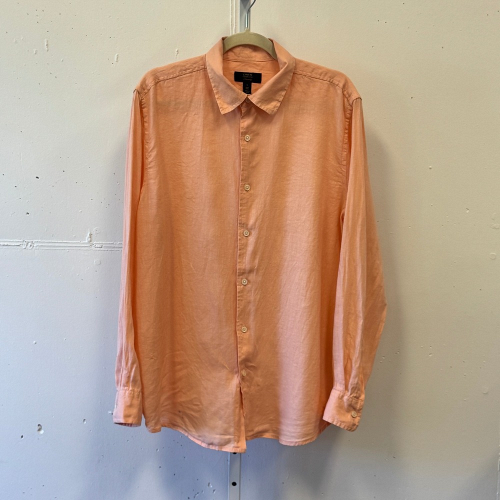 Club Room Luxury Mens 100% Linen Button Down Shirt Peach Coral Large Long Sleeve